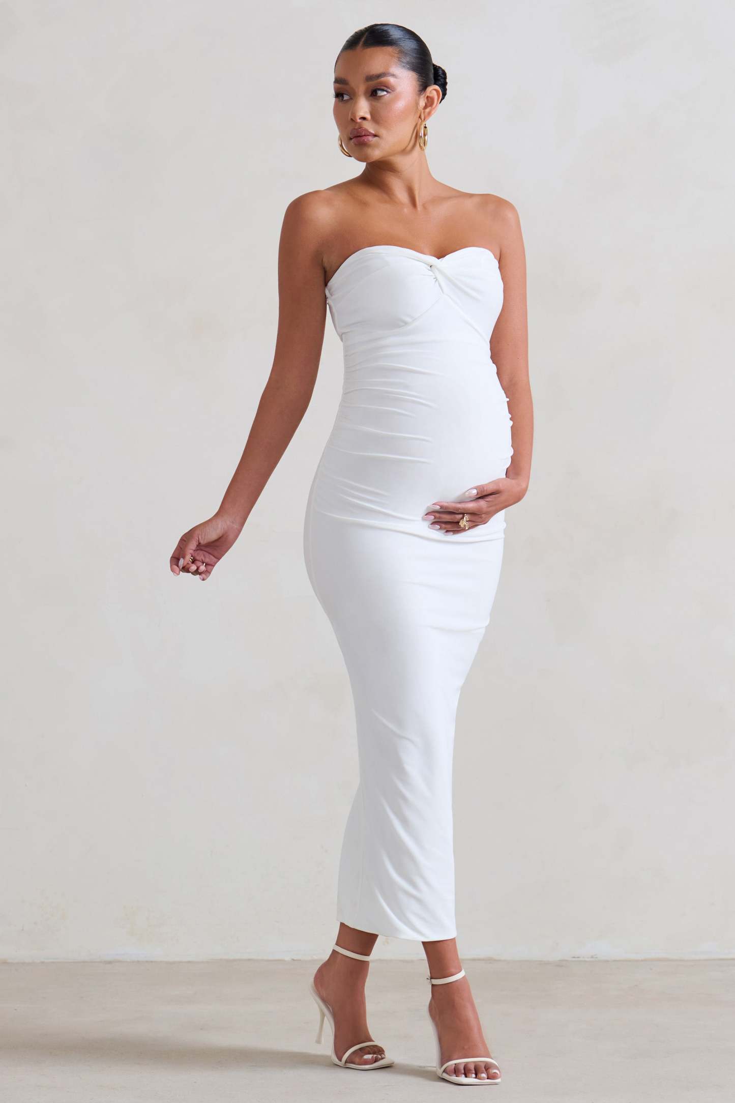 Evita White Maternity Sweetheart Twist Detail Midi Dress-Fashionmomo.All Rights Reserved