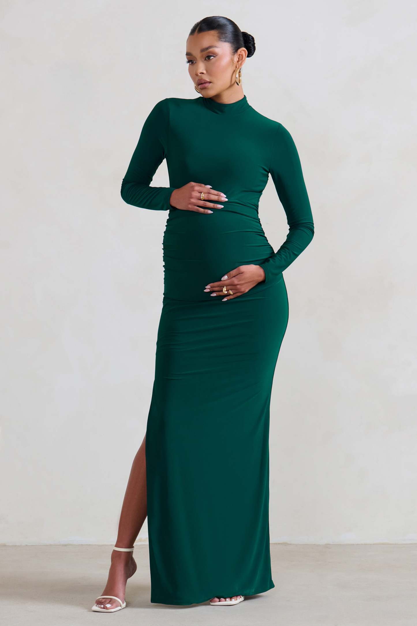 Alejandra Green Maternity Long Sleeve High Neck Maxi Dress-Fashionmomo.All Rights Reserved