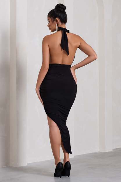 Picture This Black Asymmetric Halter-Neck Backless Maxi Dress-Fashionmomo.All Rights Reserved