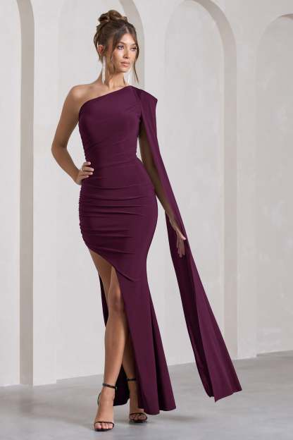 Adelaide Plum Asymmetric Sleeveless Split Maxi Dress-Fashionmomo.All Rights Reserved