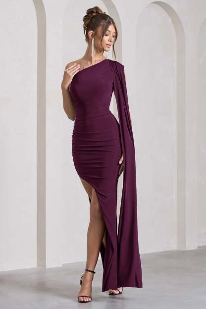 Adelaide Plum Asymmetric Sleeveless Split Maxi Dress-Fashionmomo.All Rights Reserved