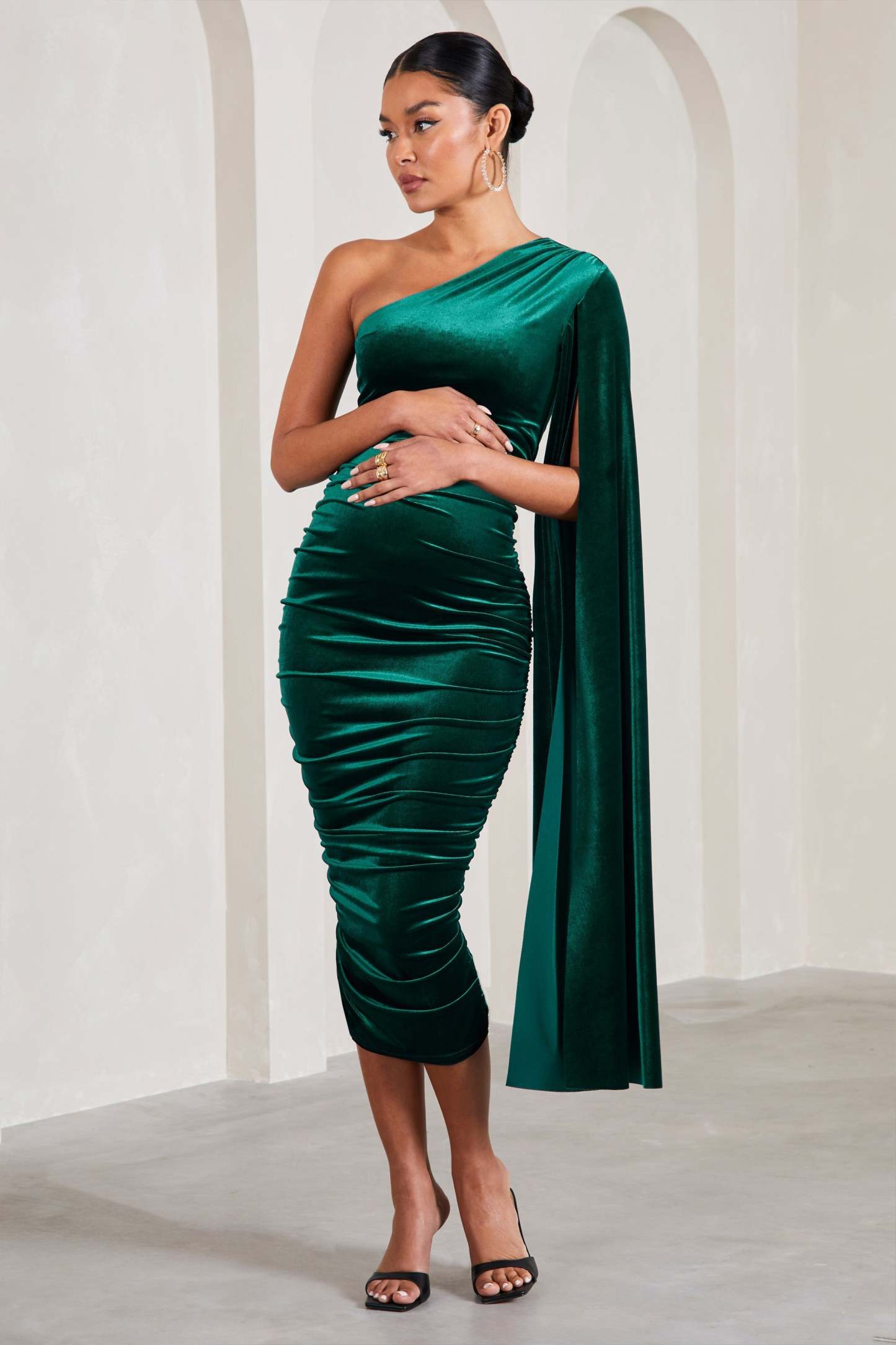 Gianna Bottle Green Velvet Maternity One Shoulder Cape Bodycon Midi Dress-Fashionmomo.All Rights Reserved