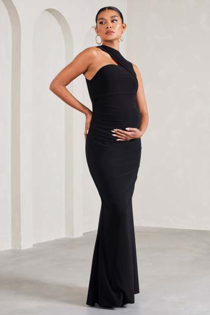 Angelic Black High-Neck Cut-Out Maternity Maxi Dress-Fashionmomo.All Rights Reserved