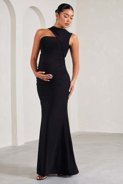 Angelic Black High-Neck Cut-Out Maternity Maxi Dress-Fashionmomo.All Rights Reserved