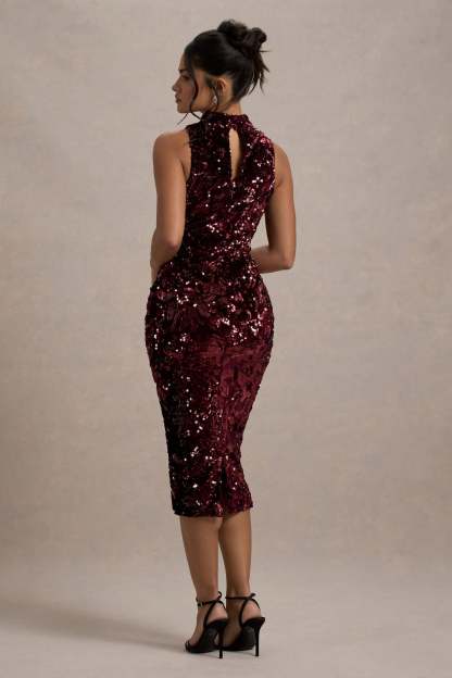 Hypnosis Berry Sequin Sleeveless High-Neck Midi Dress-Fashionmomo.All Rights Reserved