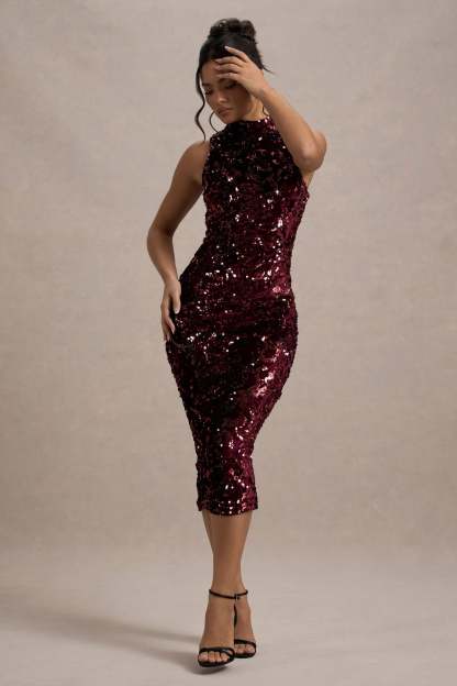 Hypnosis Berry Sequin Sleeveless High-Neck Midi Dress-Fashionmomo.All Rights Reserved