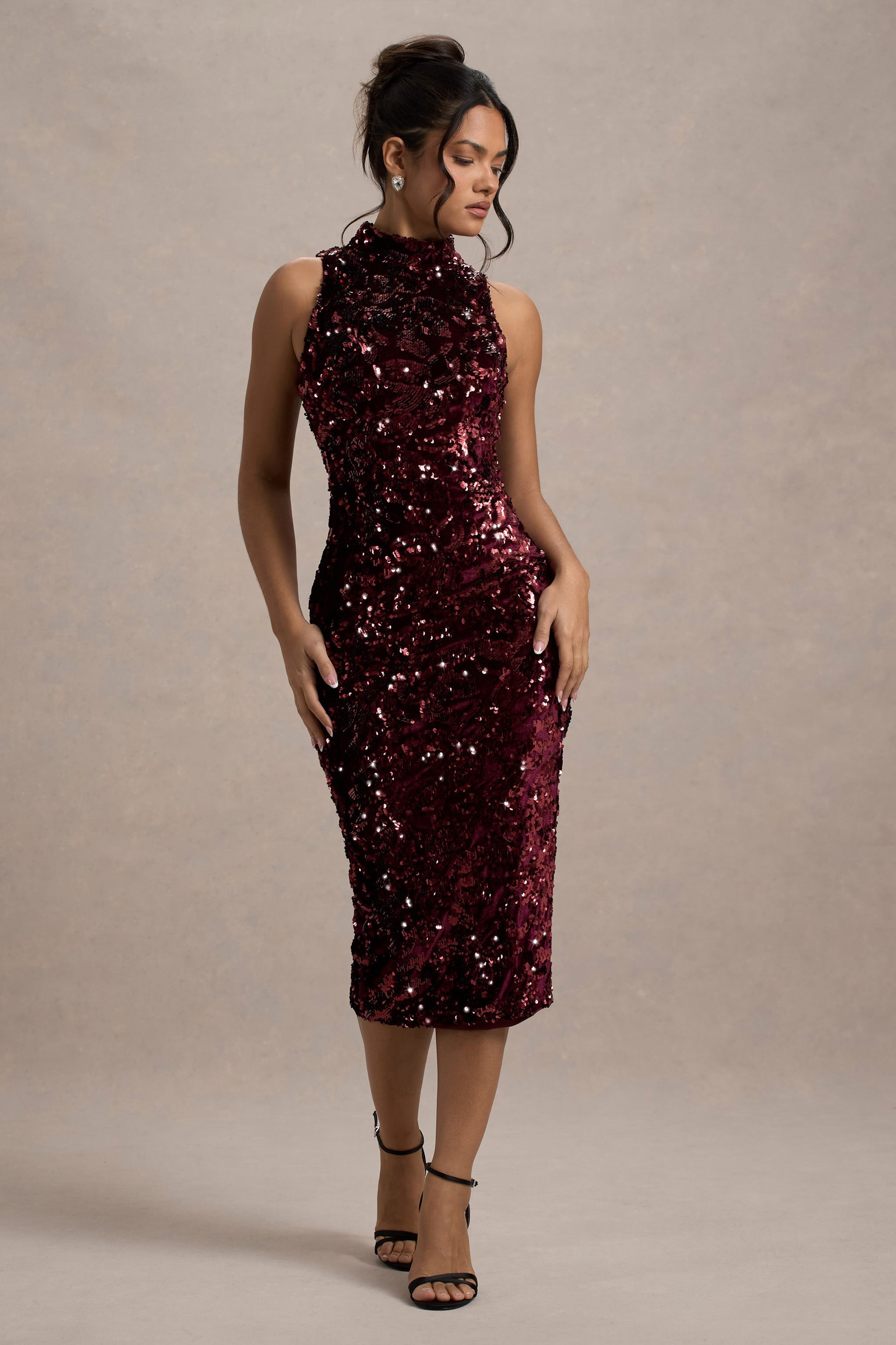 Hypnosis Berry Sequin Sleeveless High-Neck Midi Dress-Fashionmomo.All Rights Reserved