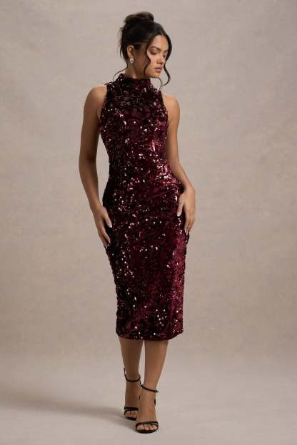 Hypnosis Berry Sequin Sleeveless High-Neck Midi Dress-Fashionmomo.All Rights Reserved