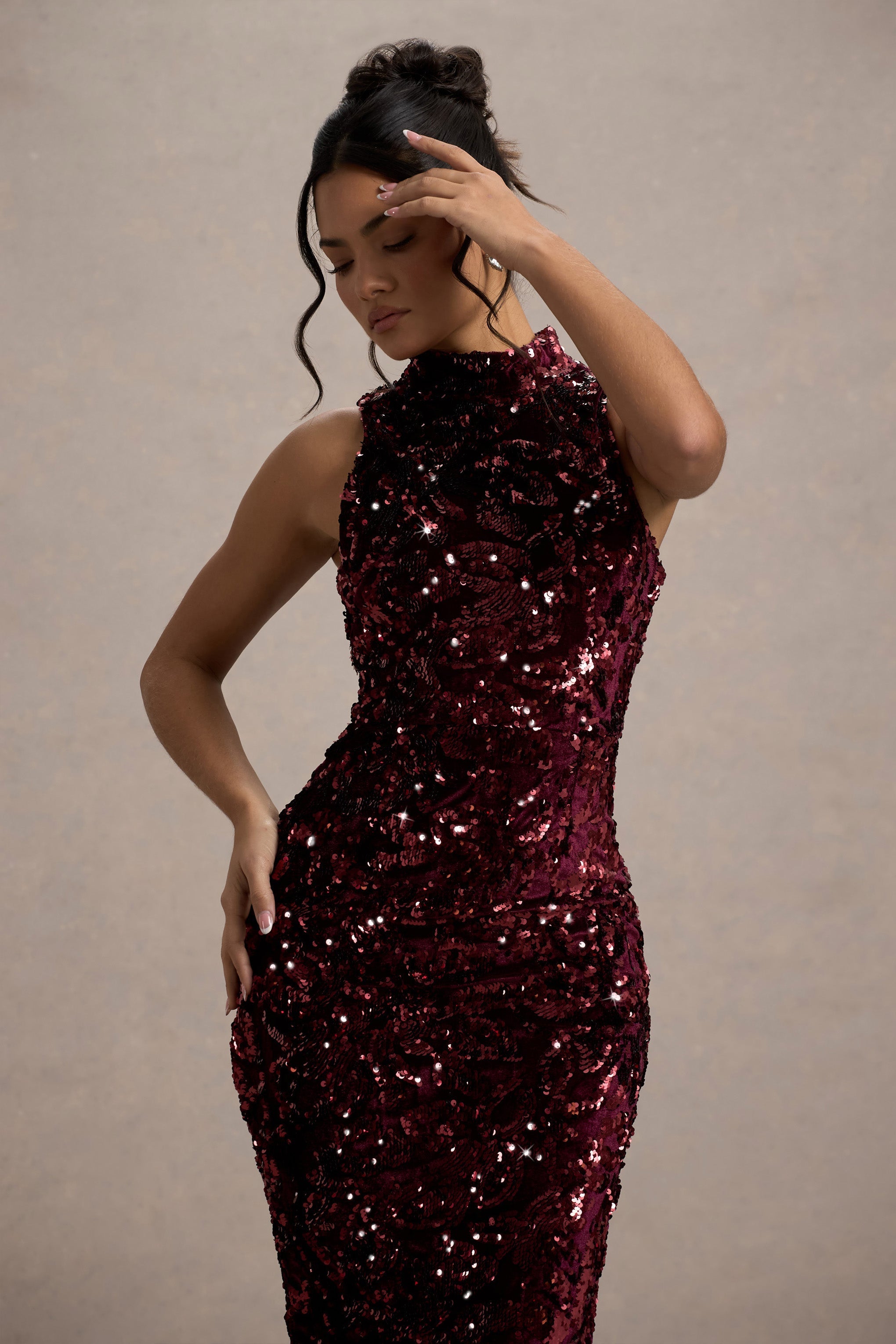Hypnosis Berry Sequin Sleeveless High-Neck Midi Dress-Fashionmomo.All Rights Reserved