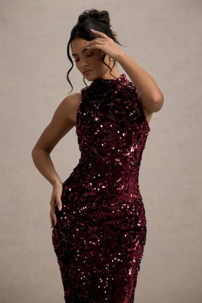 Hypnosis Berry Sequin Sleeveless High-Neck Midi Dress-Fashionmomo.All Rights Reserved