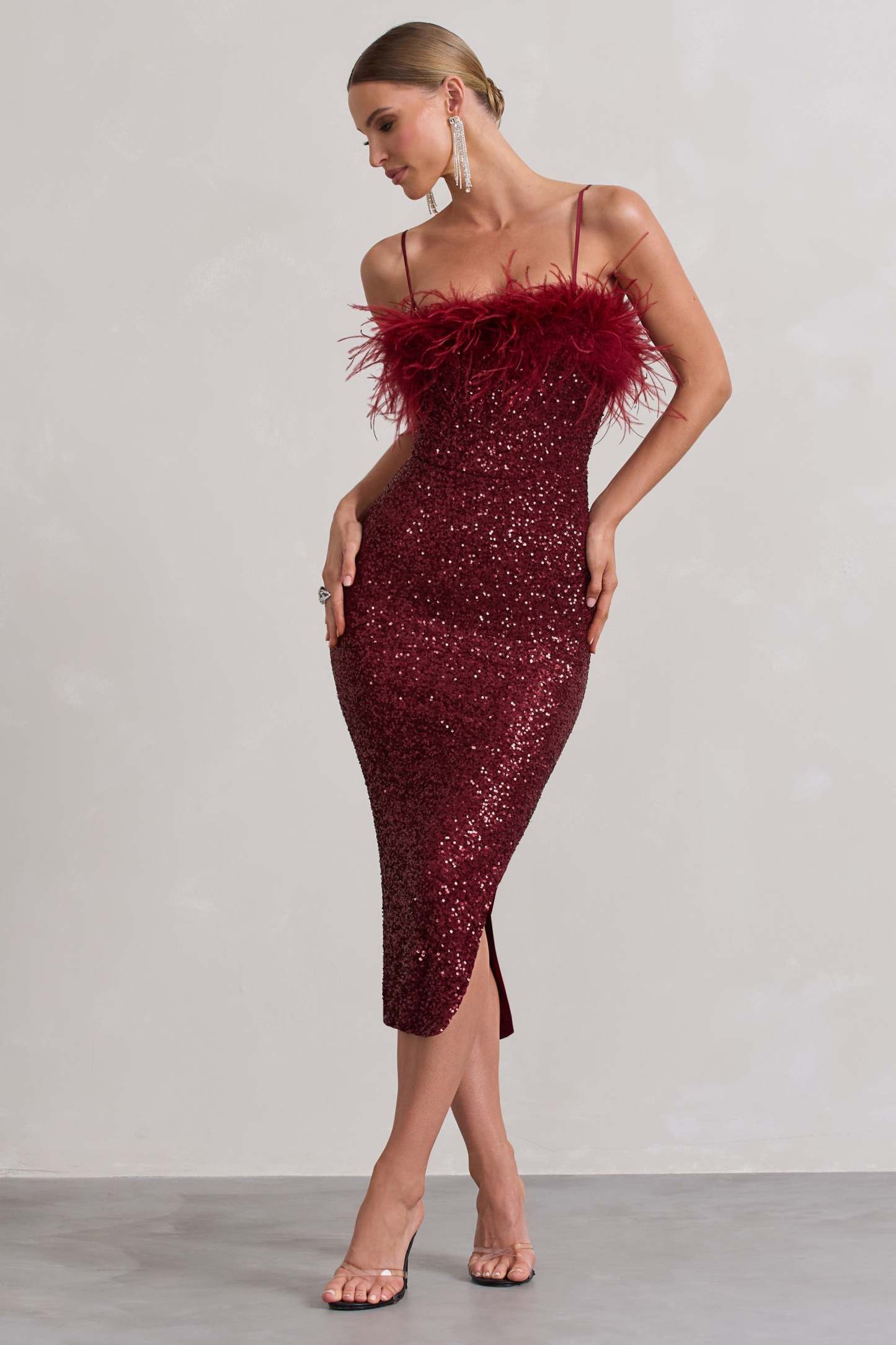 In Your Head Plum Sequin Strappy Midi Dress With Feathers-Fashionmomo.All Rights Reserved