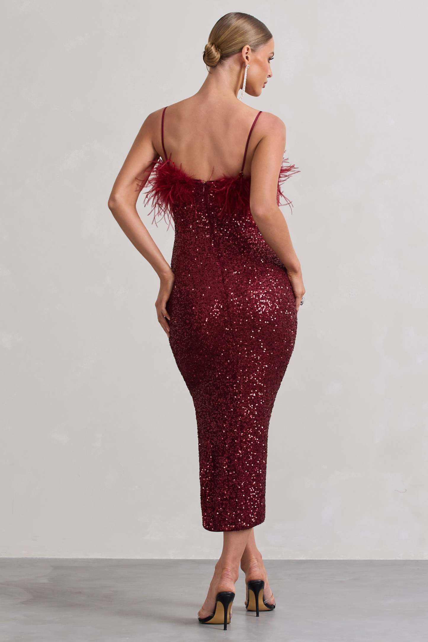 In Your Head Plum Sequin Strappy Midi Dress With Feathers-Fashionmomo.All Rights Reserved