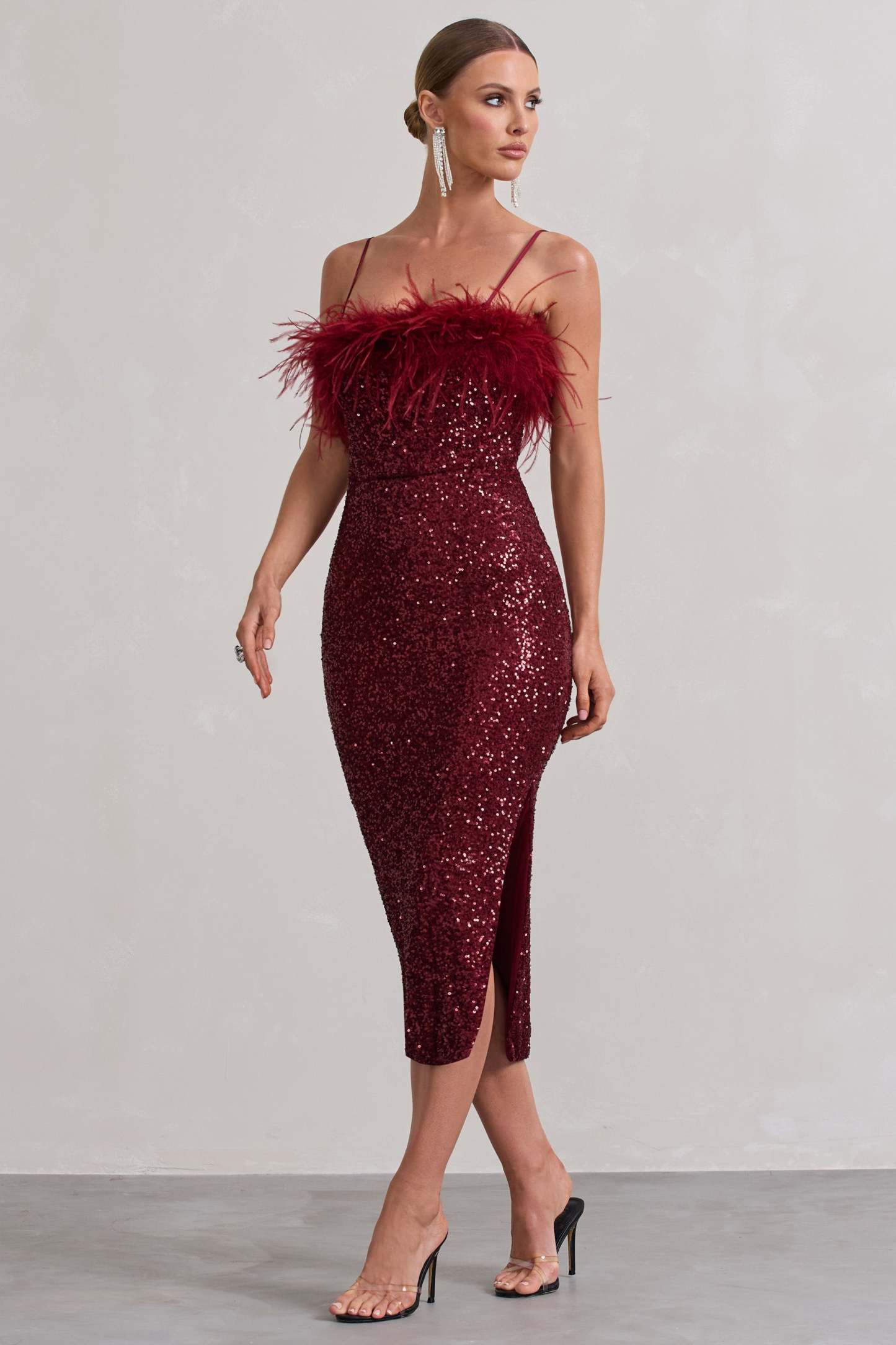 In Your Head Plum Sequin Strappy Midi Dress With Feathers-Fashionmomo.All Rights Reserved