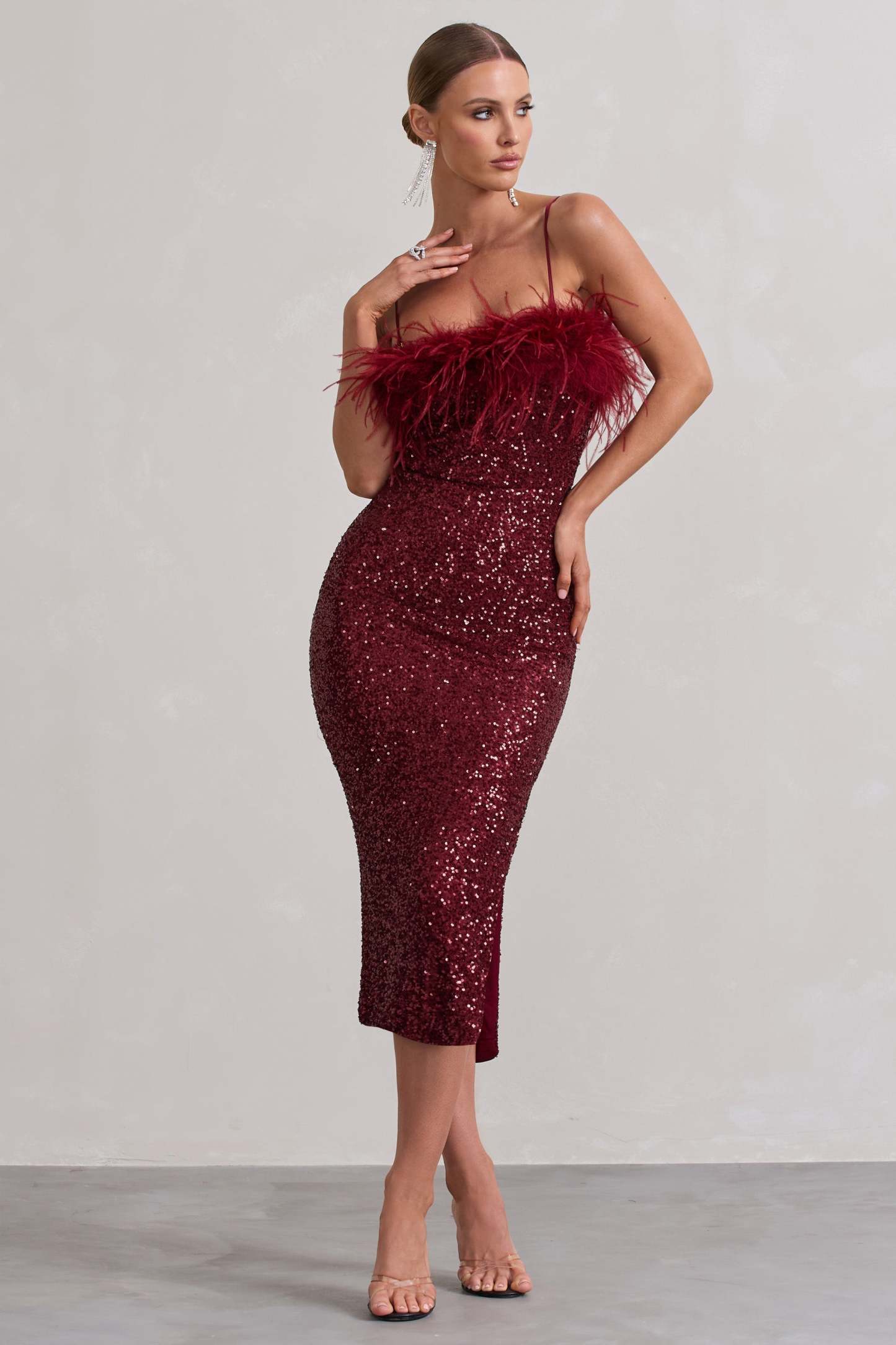 In Your Head Plum Sequin Strappy Midi Dress With Feathers-Fashionmomo.All Rights Reserved