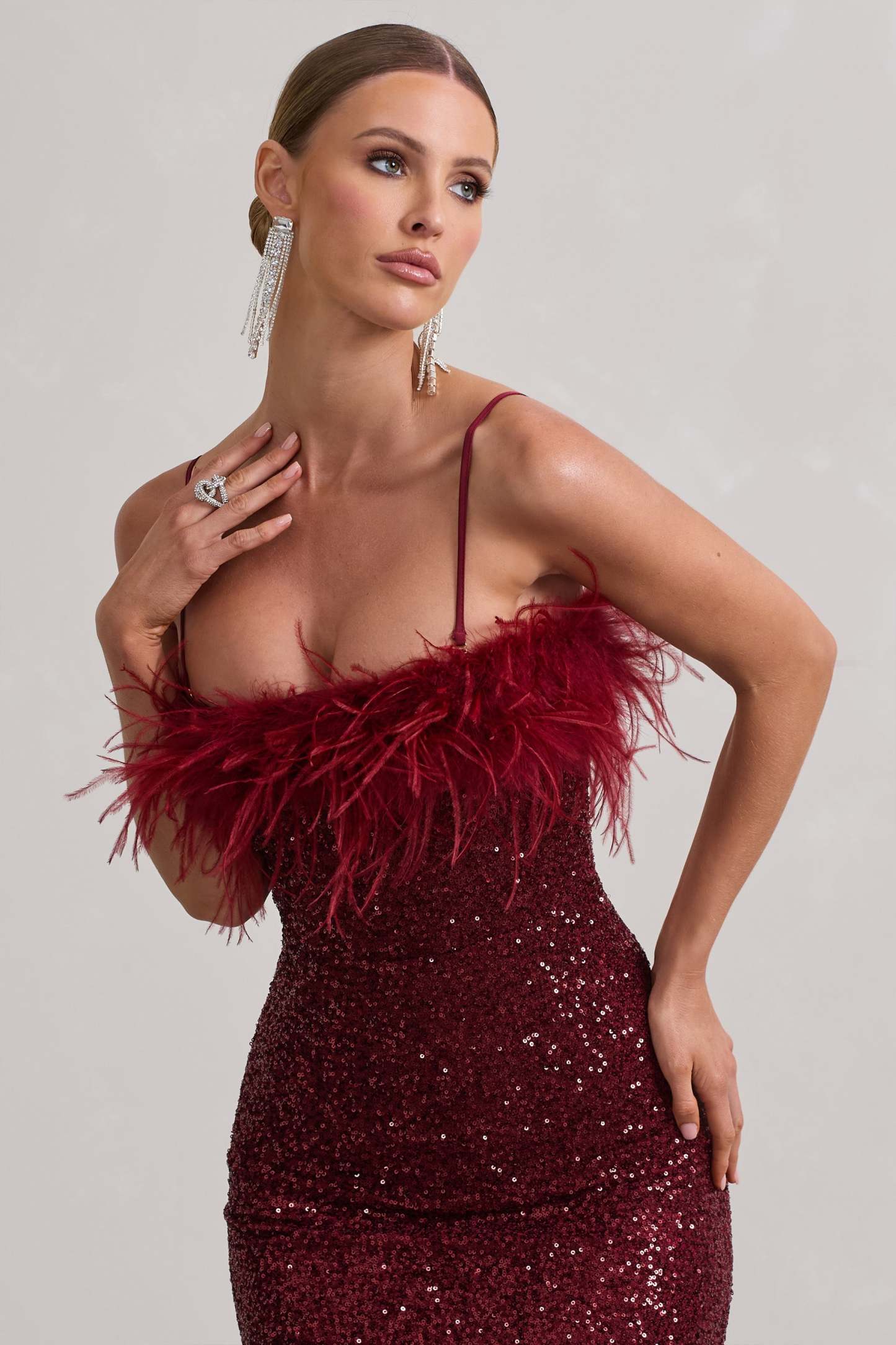 In Your Head Plum Sequin Strappy Midi Dress With Feathers-Fashionmomo.All Rights Reserved