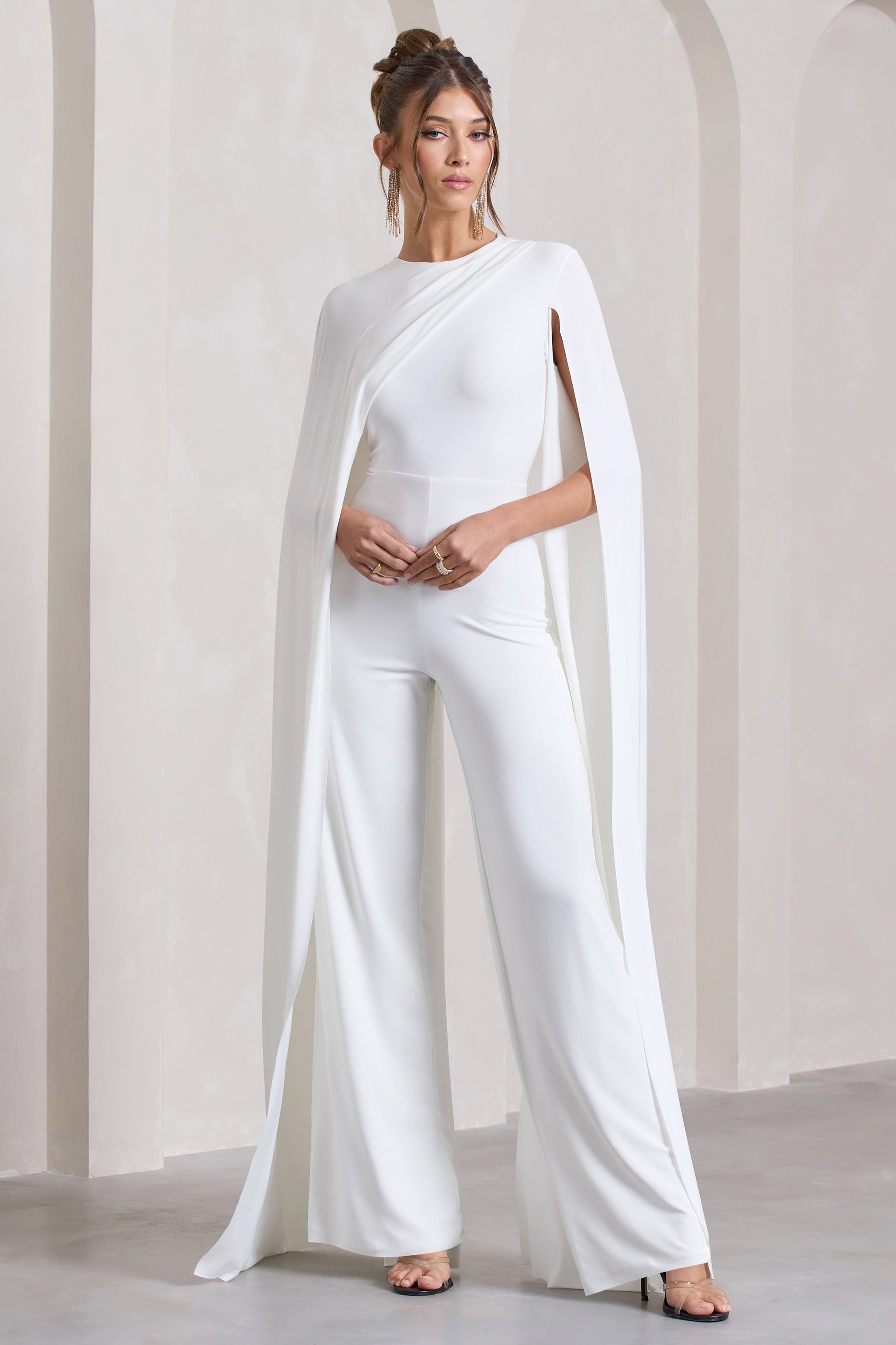 Harley White Straight-Leg Jumpsuit With Cape Sleeves-Fashionmomo.All Rights Reserved