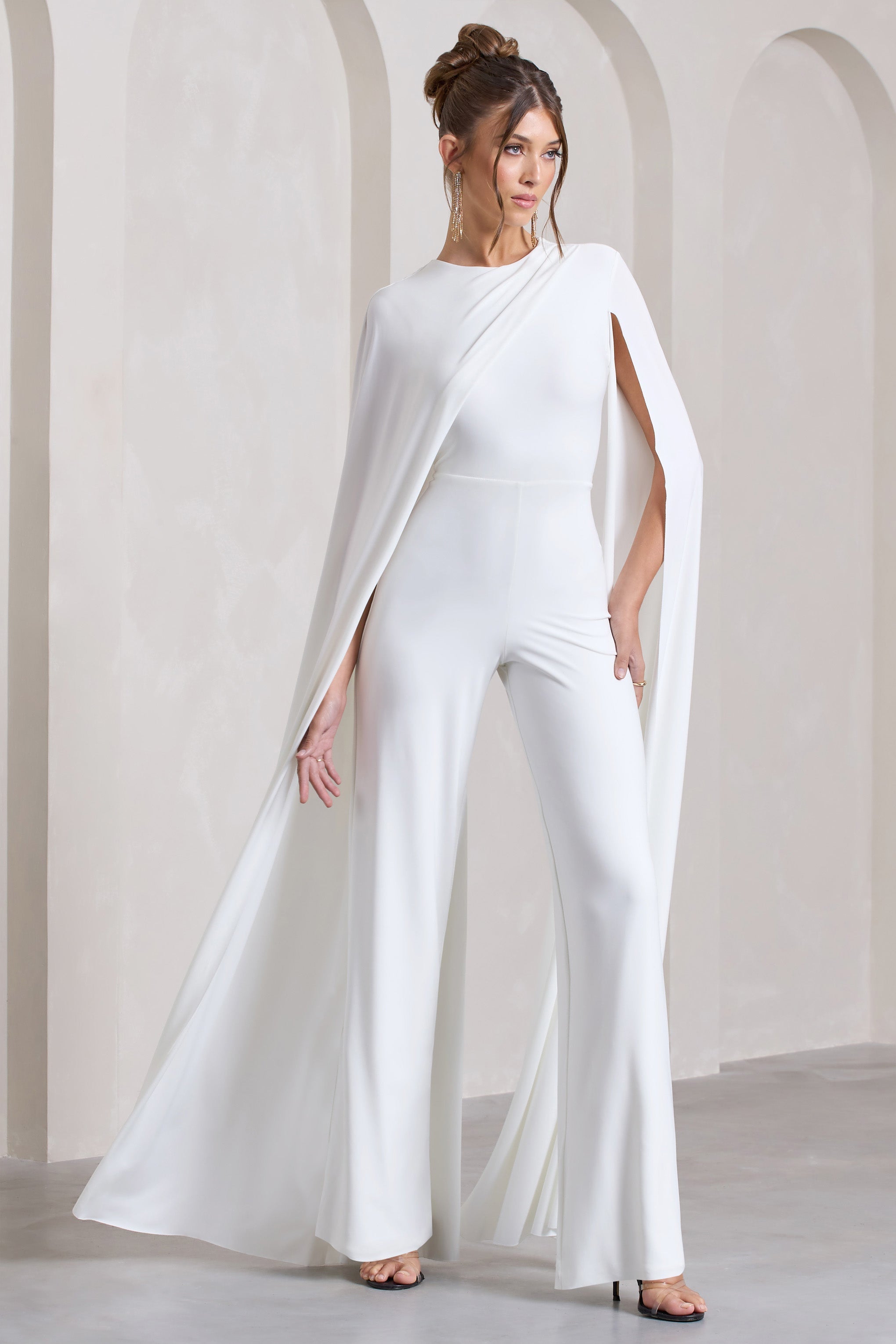 Harley White Straight-Leg Jumpsuit With Cape Sleeves-Fashionmomo.All Rights Reserved