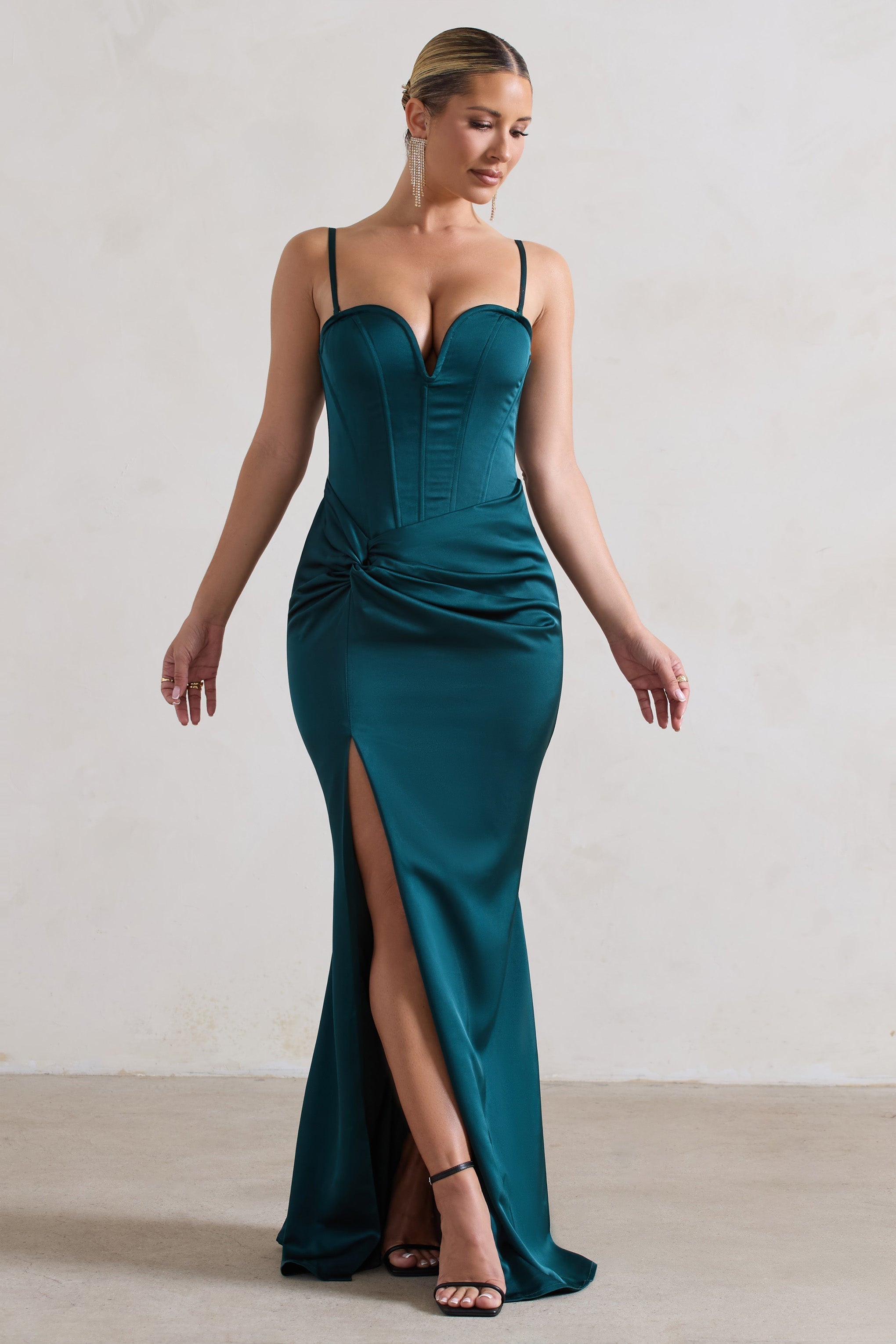 Ardelle Dark Green Satin Corseted Wrap Maxi Dress-Fashionmomo.All Rights Reserved