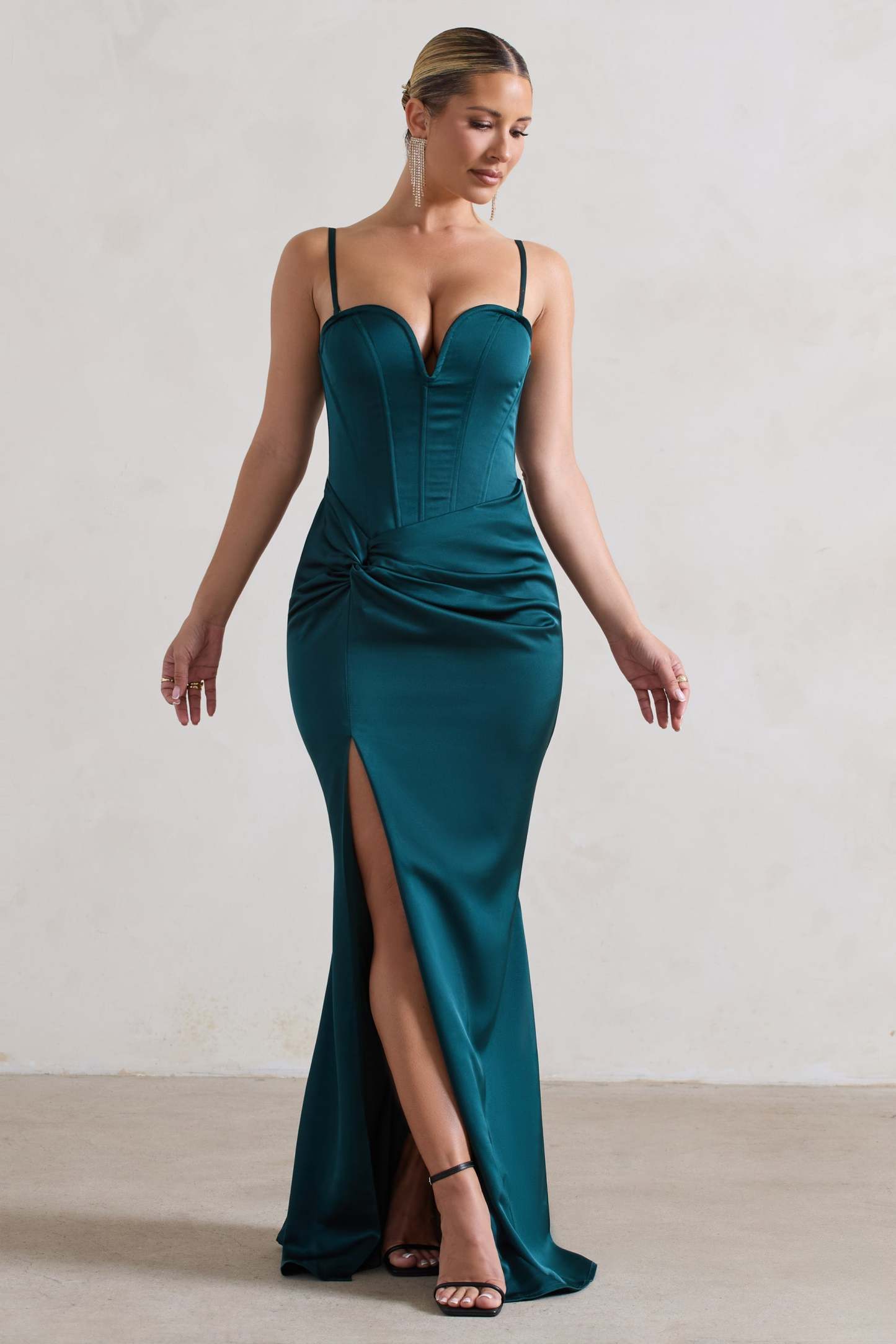 Ardelle Dark Green Satin Corseted Wrap Maxi Dress-Fashionmomo.All Rights Reserved