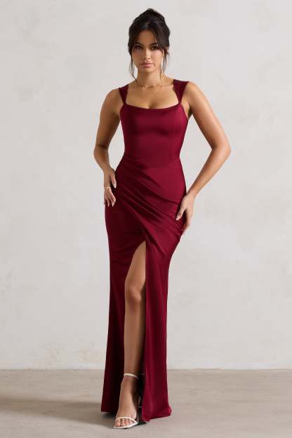 A Romantic Berry Satin Corset Wrap Maxi Dress-Fashionmomo.All Rights Reserved