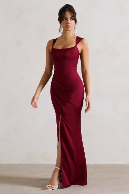 A Romantic Berry Satin Corset Wrap Maxi Dress-Fashionmomo.All Rights Reserved