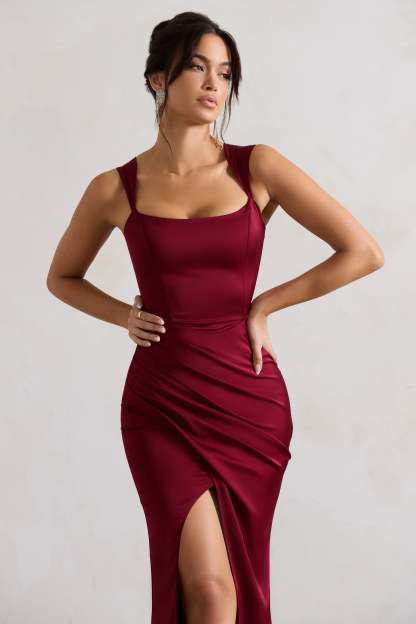 A Romantic Berry Satin Corset Wrap Maxi Dress-Fashionmomo.All Rights Reserved