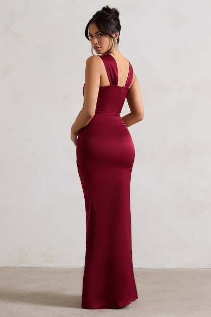 A Romantic Berry Satin Corset Wrap Maxi Dress-Fashionmomo.All Rights Reserved