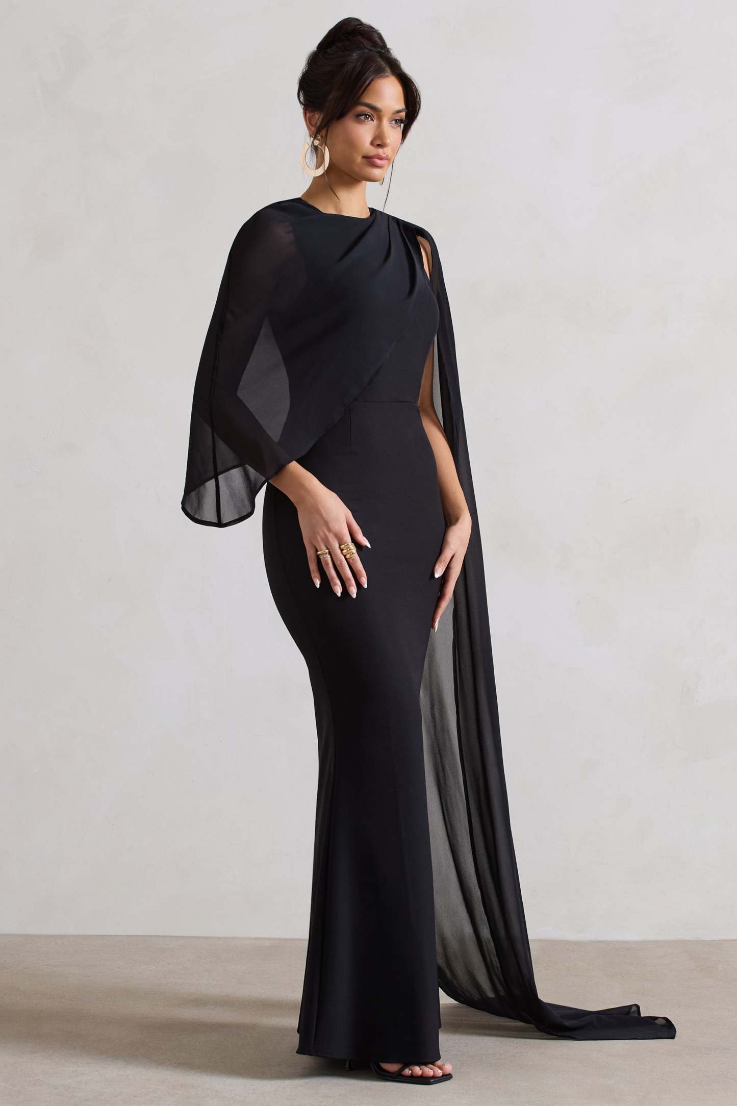 Haze Black High-Neck Maxi Dress With Chiffon Cape-Fashionmomo.All Rights Reserved