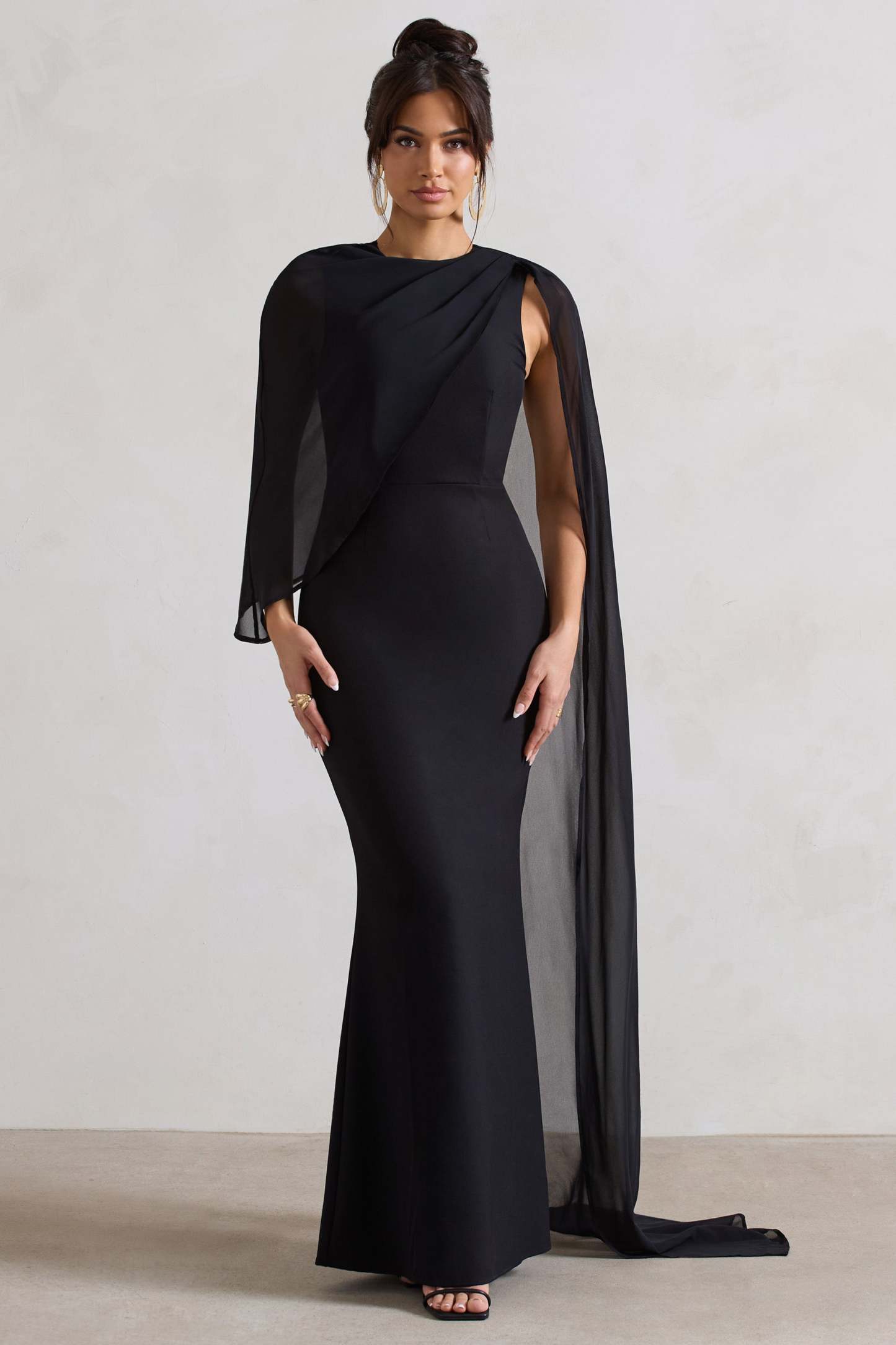 Haze Black High-Neck Maxi Dress With Chiffon Cape-Fashionmomo.All Rights Reserved