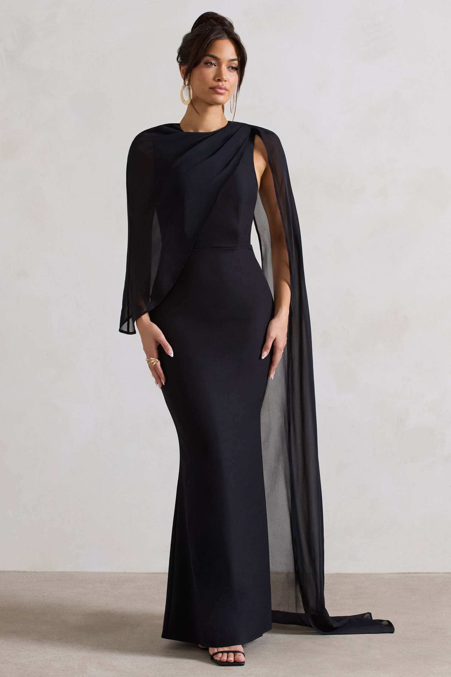 Haze Black High-Neck Maxi Dress With Chiffon Cape-Fashionmomo.All Rights Reserved