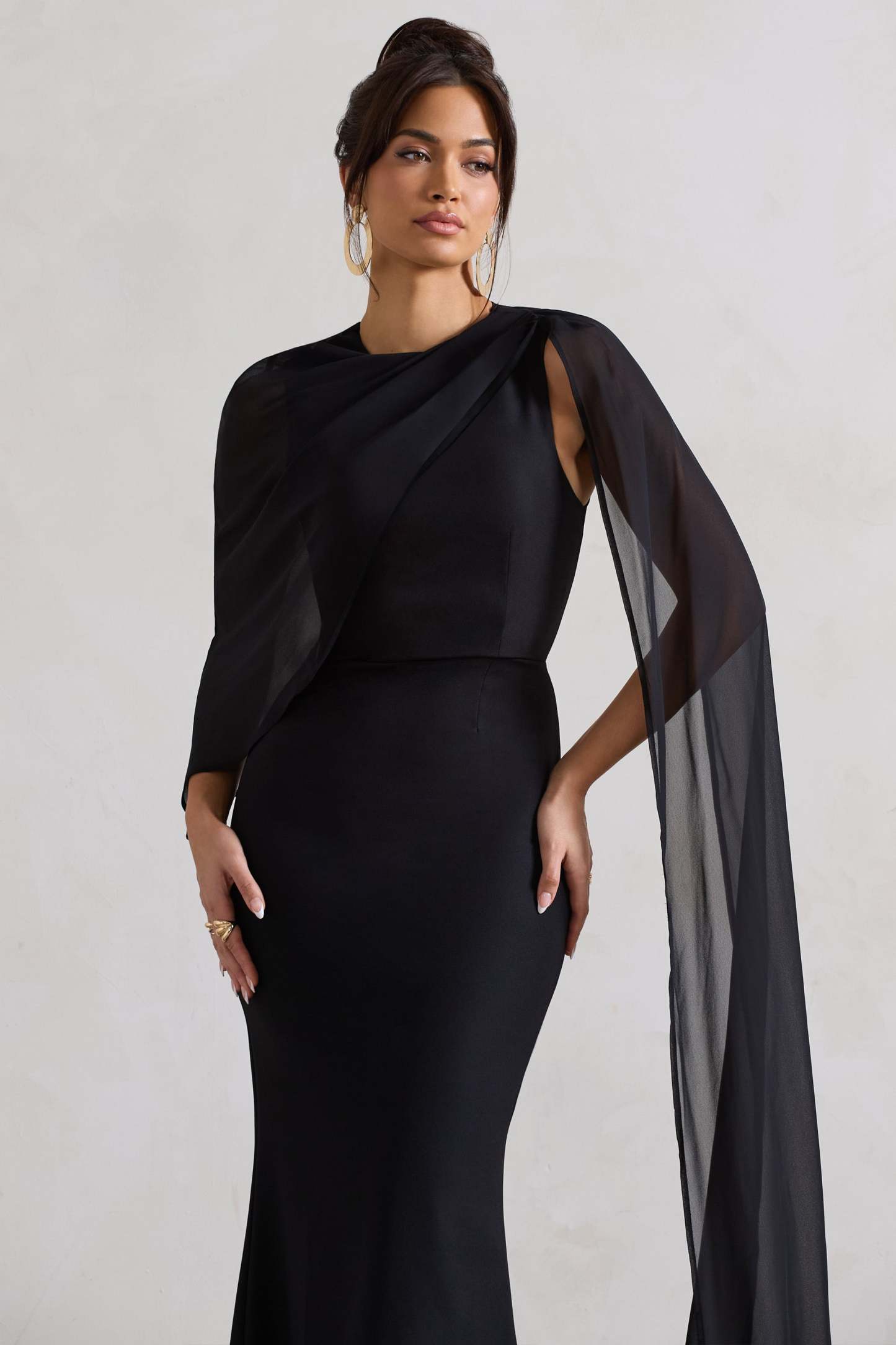 Haze Black High-Neck Maxi Dress With Chiffon Cape-Fashionmomo.All Rights Reserved