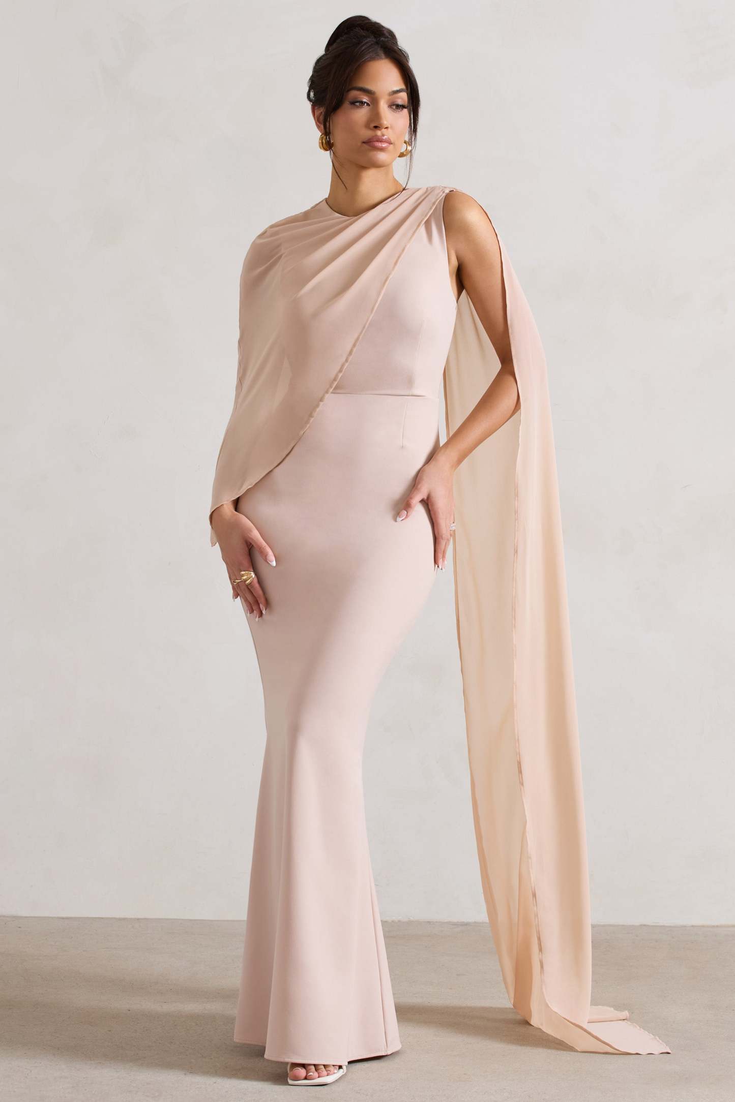 Haze Champagne High-Neck Maxi Dress With Chiffon Cape-Fashionmomo.All Rights Reserved