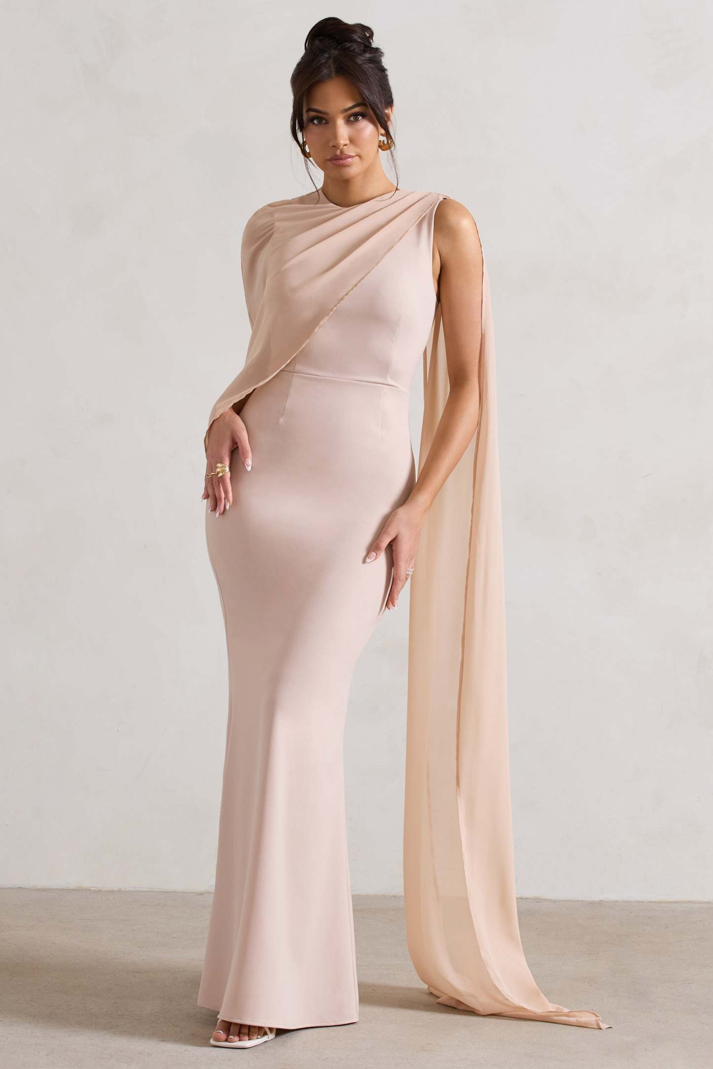 Haze Champagne High-Neck Maxi Dress With Chiffon Cape-Fashionmomo.All Rights Reserved