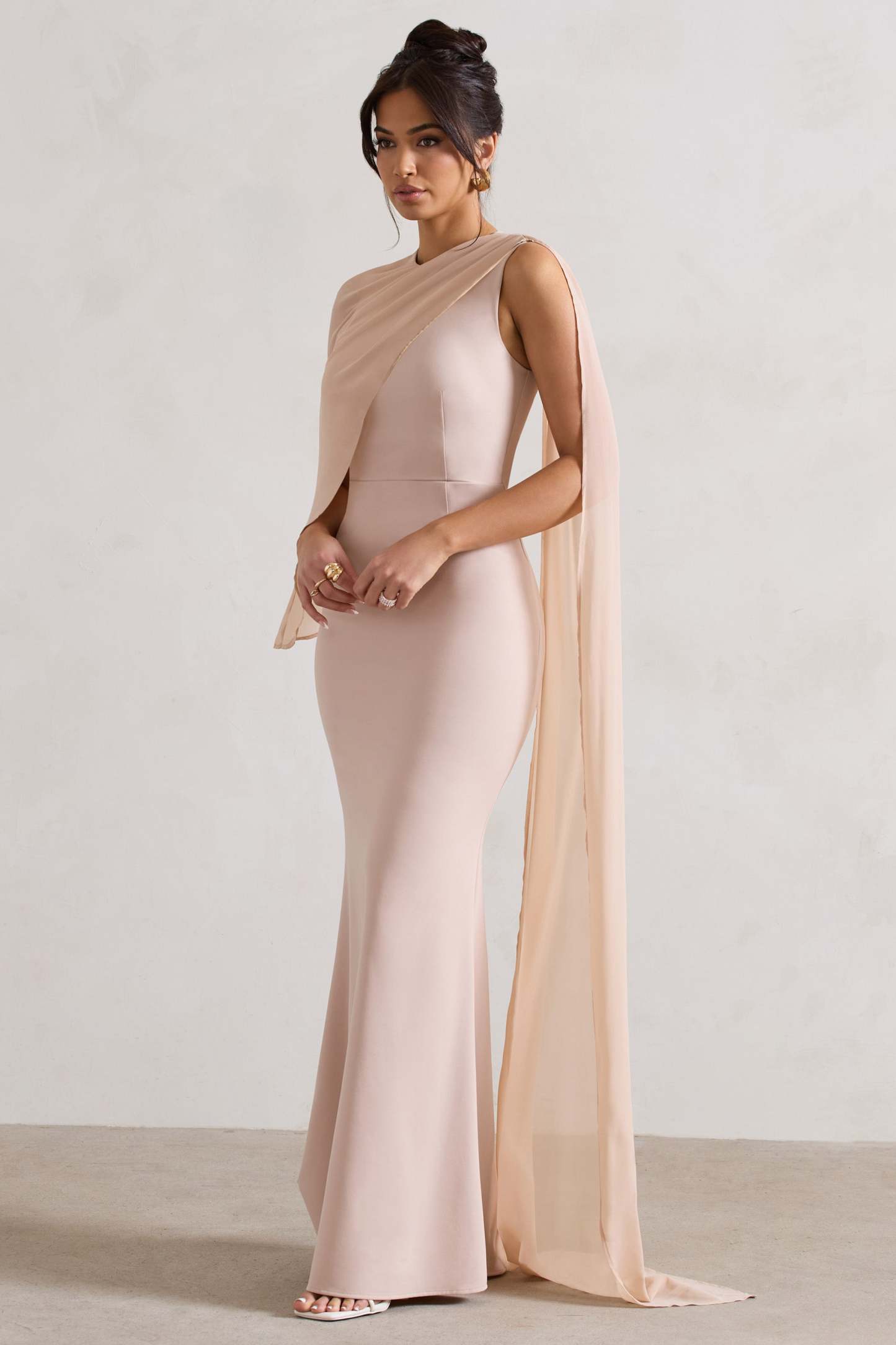 Haze Champagne High-Neck Maxi Dress With Chiffon Cape-Fashionmomo.All Rights Reserved