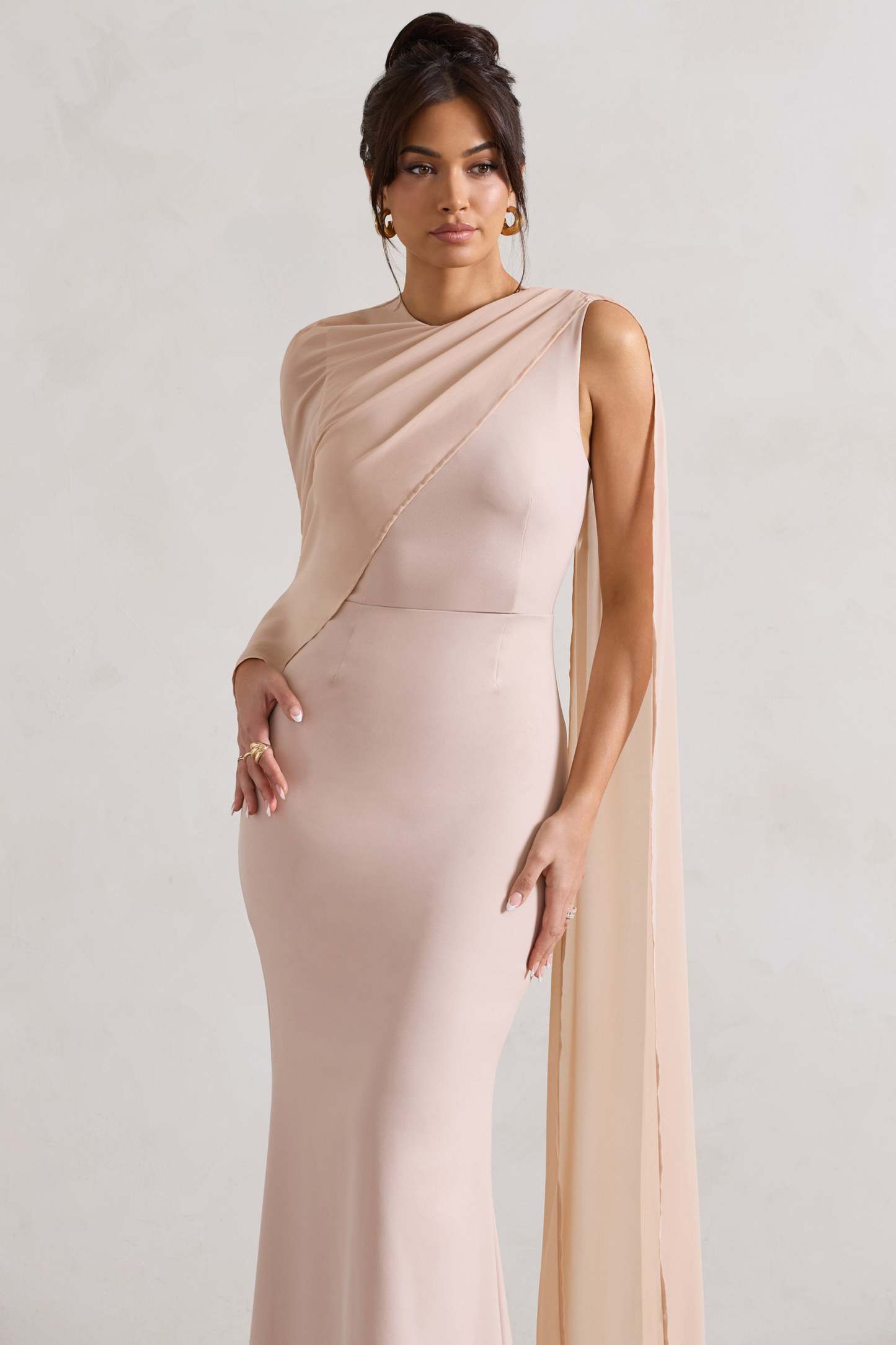 Haze Champagne High-Neck Maxi Dress With Chiffon Cape-Fashionmomo.All Rights Reserved