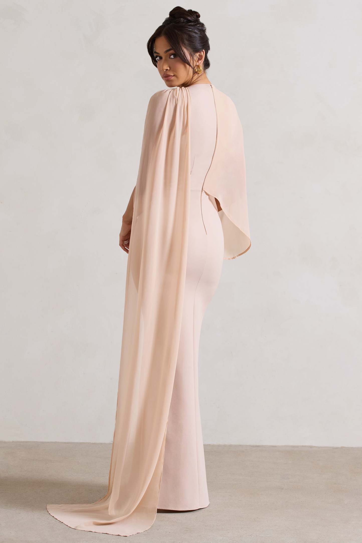 Haze Champagne High-Neck Maxi Dress With Chiffon Cape-Fashionmomo.All Rights Reserved