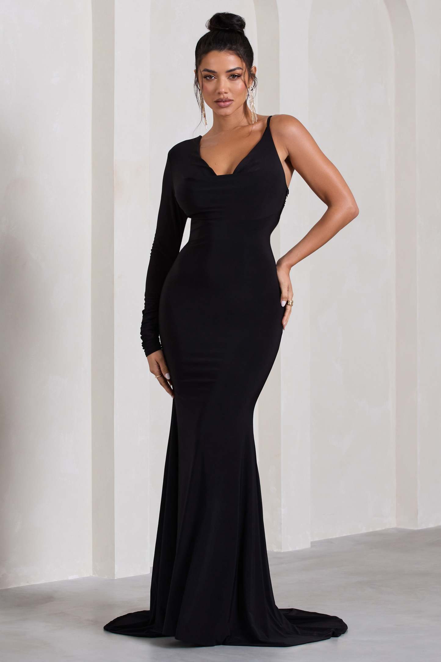 At Dusk Black One-Sleeved Cowl-Neck Fishtail Maxi Dress-Fashionmomo.All Rights Reserved
