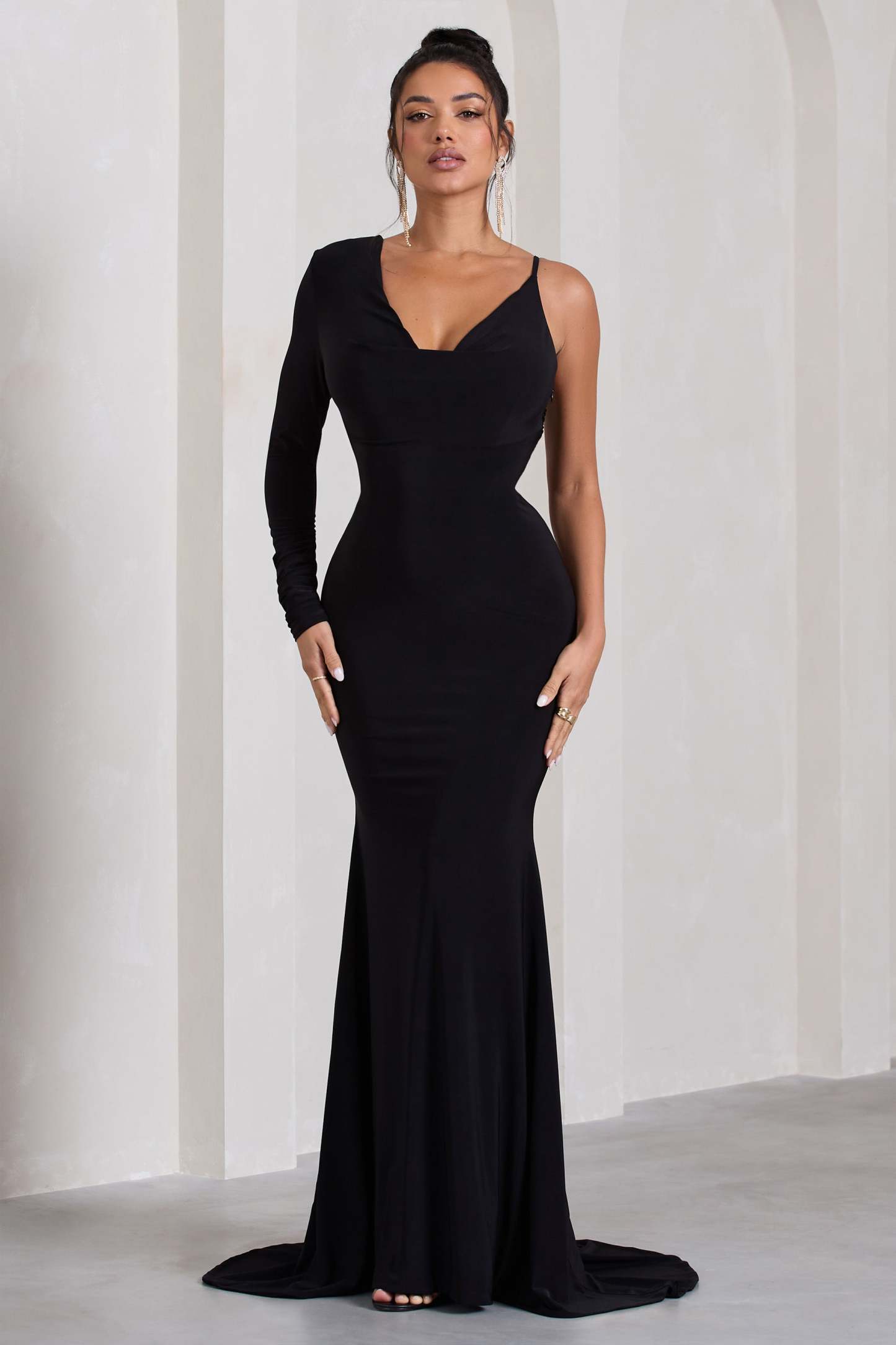 At Dusk Black One-Sleeved Cowl-Neck Fishtail Maxi Dress-Fashionmomo.All Rights Reserved