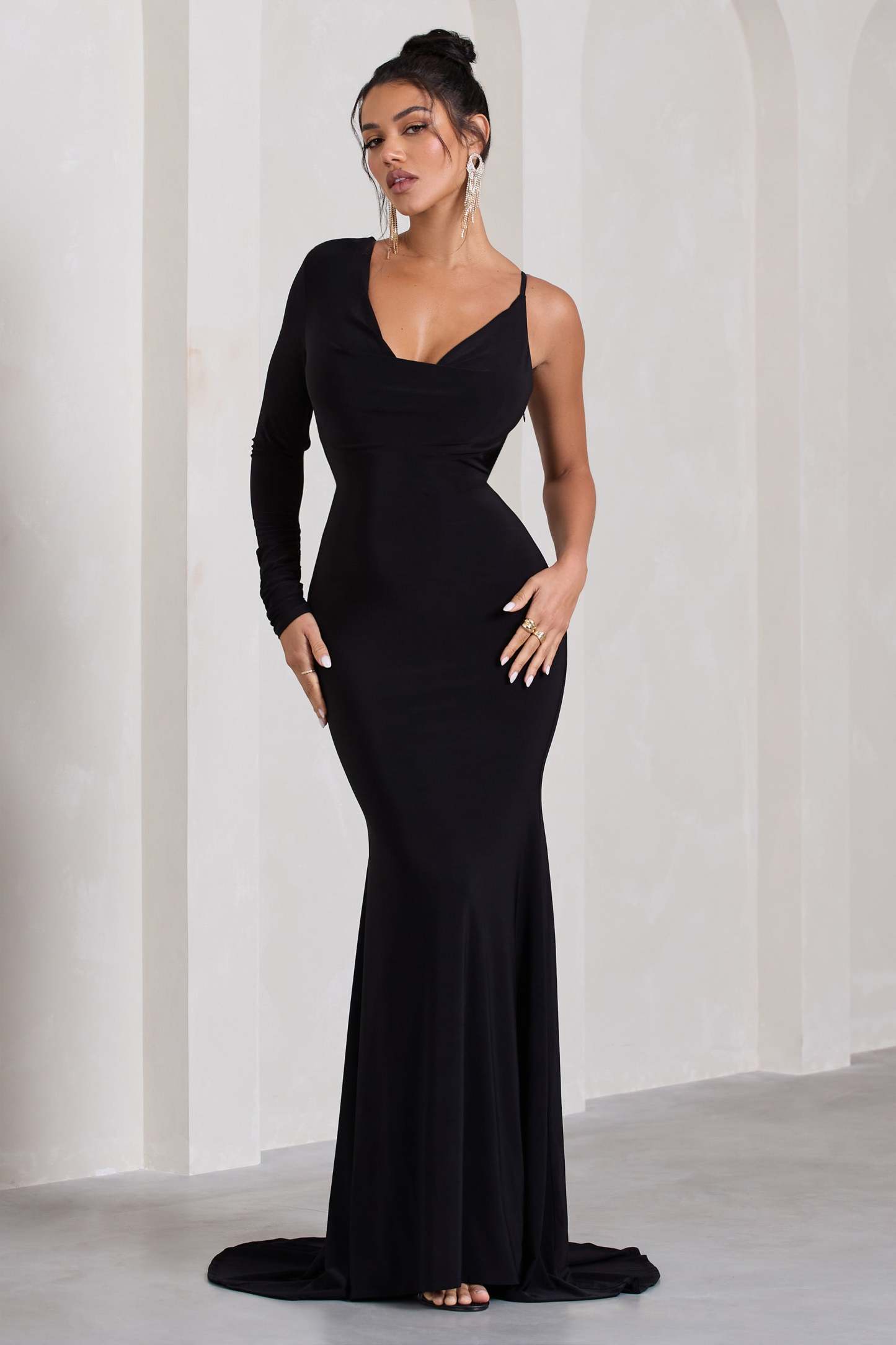At Dusk Black One-Sleeved Cowl-Neck Fishtail Maxi Dress-Fashionmomo.All Rights Reserved