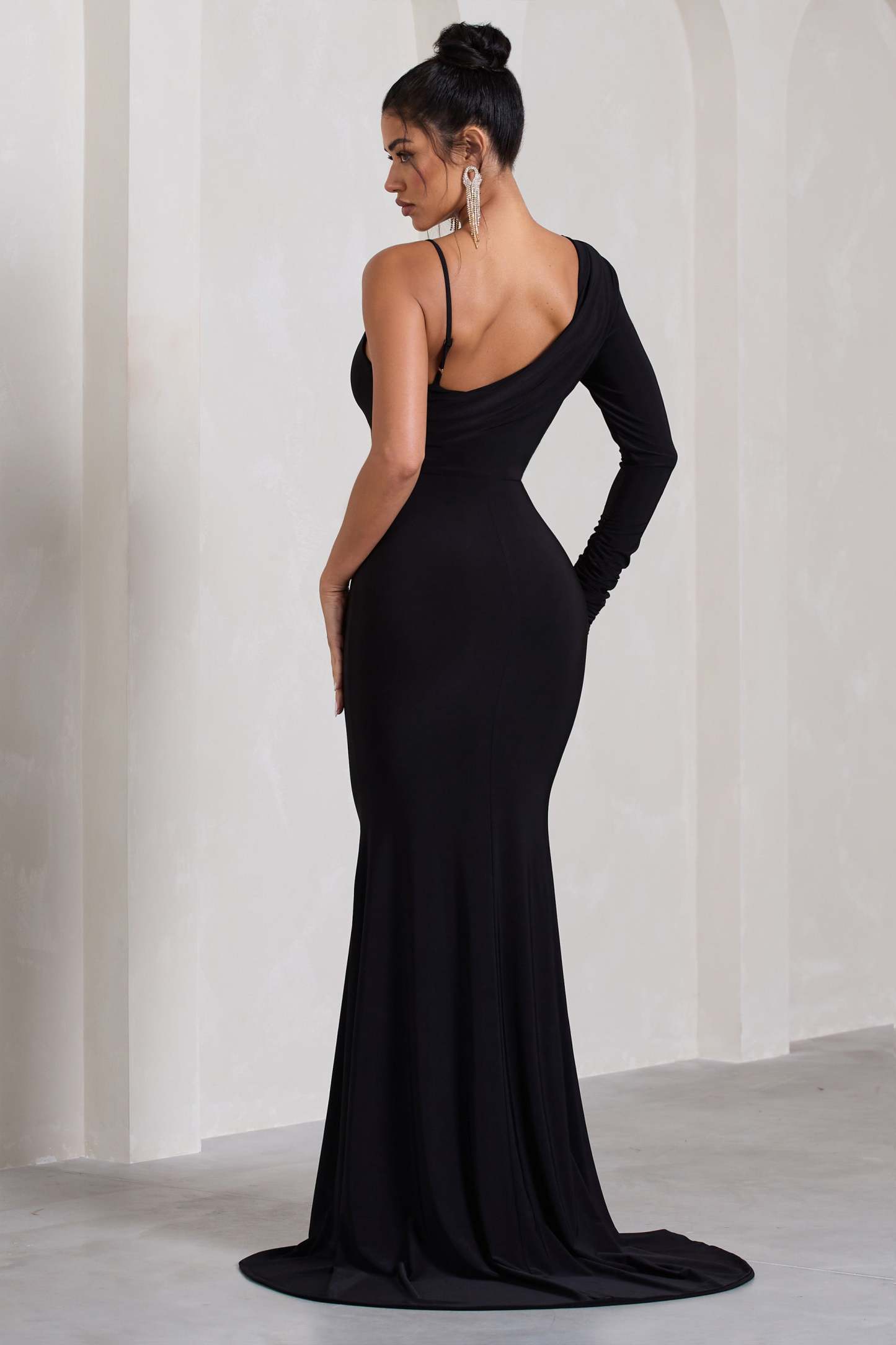 At Dusk Black One-Sleeved Cowl-Neck Fishtail Maxi Dress-Fashionmomo.All Rights Reserved