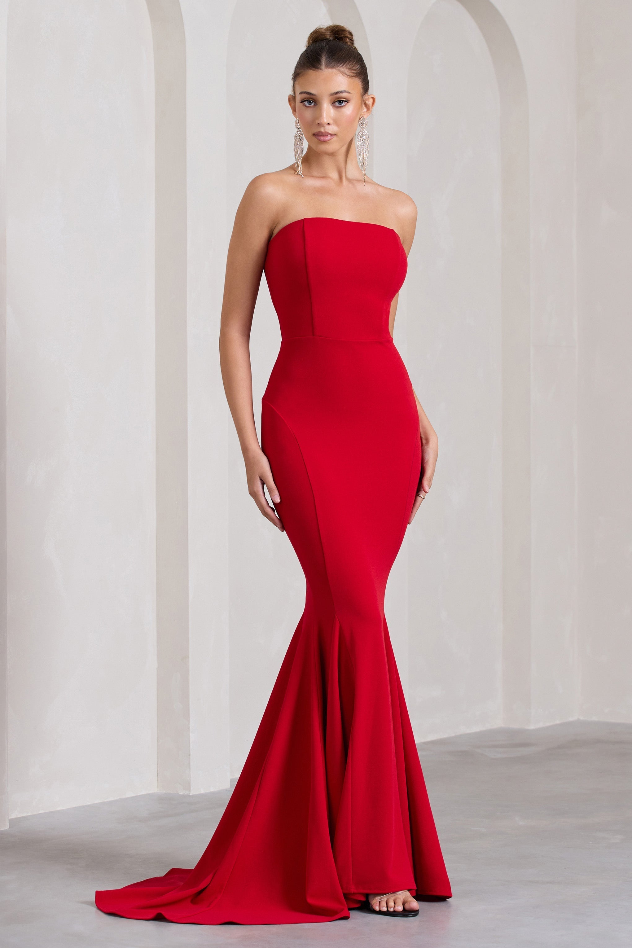 Impress Me Red Strapless Bandeau Fishtail Maxi Dress-Fashionmomo.All Rights Reserved