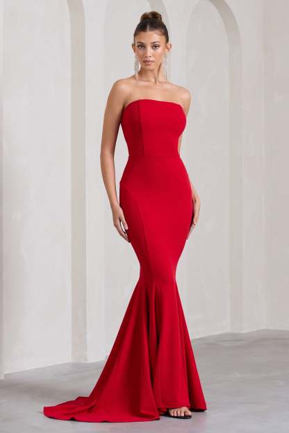 Impress Me Red Strapless Bandeau Fishtail Maxi Dress-Fashionmomo.All Rights Reserved