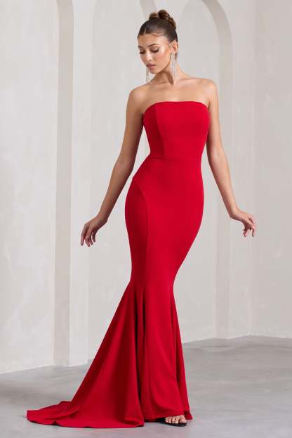Impress Me Red Strapless Bandeau Fishtail Maxi Dress-Fashionmomo.All Rights Reserved
