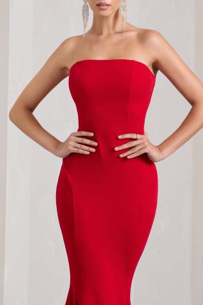 Impress Me Red Strapless Bandeau Fishtail Maxi Dress-Fashionmomo.All Rights Reserved