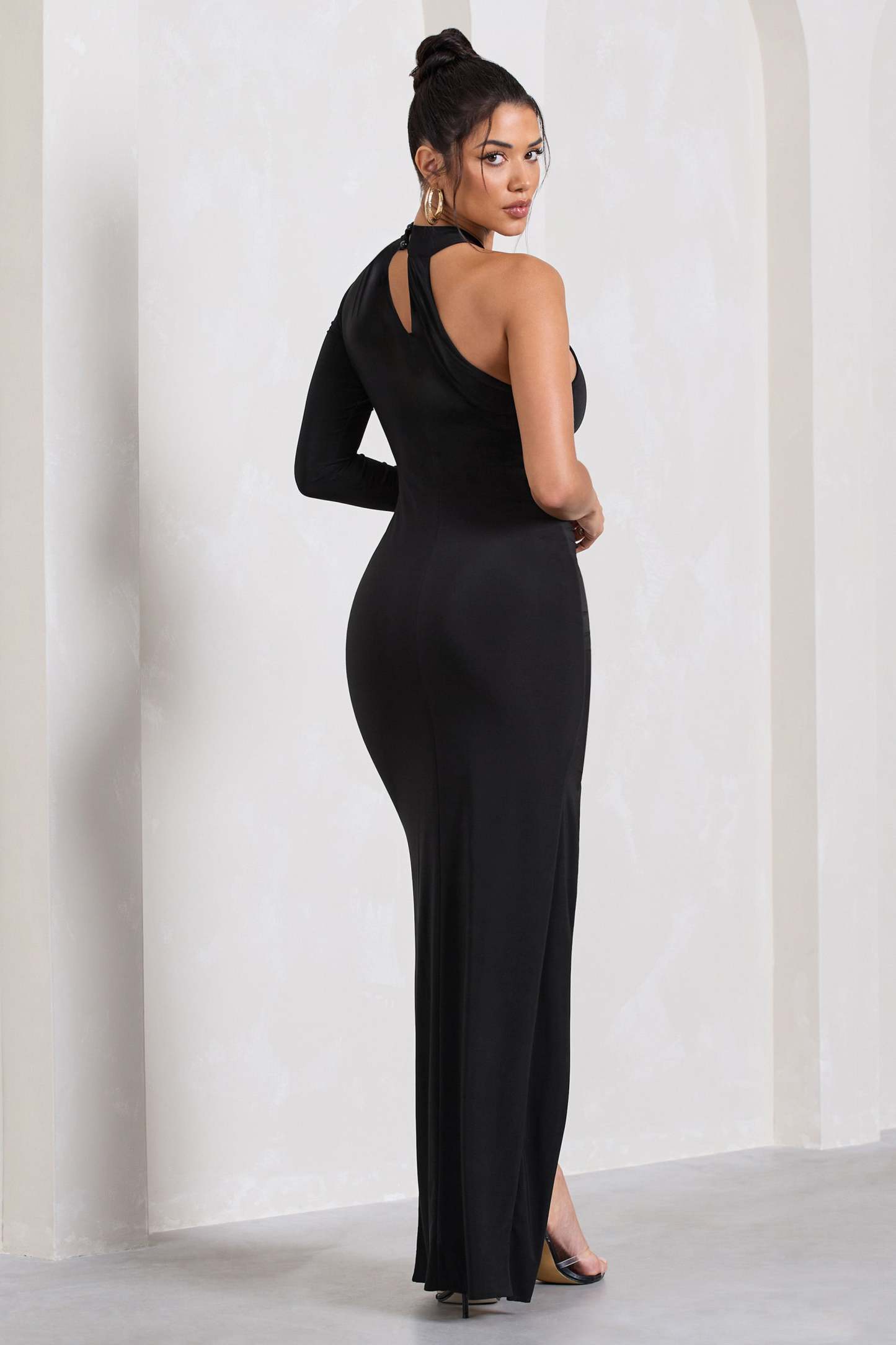 Alina Black Ruched High-Neck Asymmetric Split Maxi Dress-Fashionmomo.All Rights Reserved