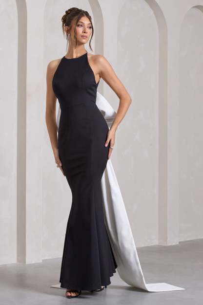 Bestow Black Open-Back Maxi Dress With Oversized White Bow-Fashionmomo.All Rights Reserved