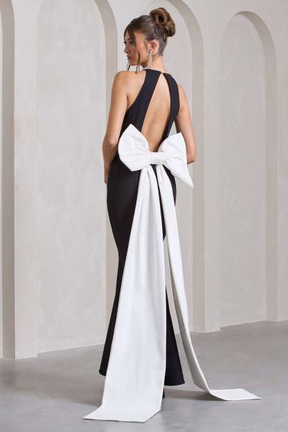 Bestow Black Open-Back Maxi Dress With Oversized White Bow-Fashionmomo.All Rights Reserved