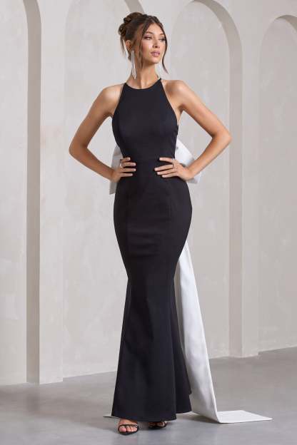 Bestow Black Open-Back Maxi Dress With Oversized White Bow-Fashionmomo.All Rights Reserved