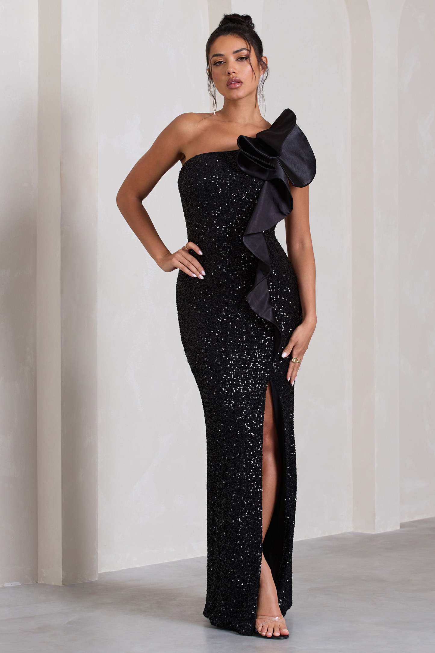 Award Black Sequin Asymmetric Cut-Out Split Maxi Dress With Ruffle Detail-Fashionmomo.All Rights Reserved