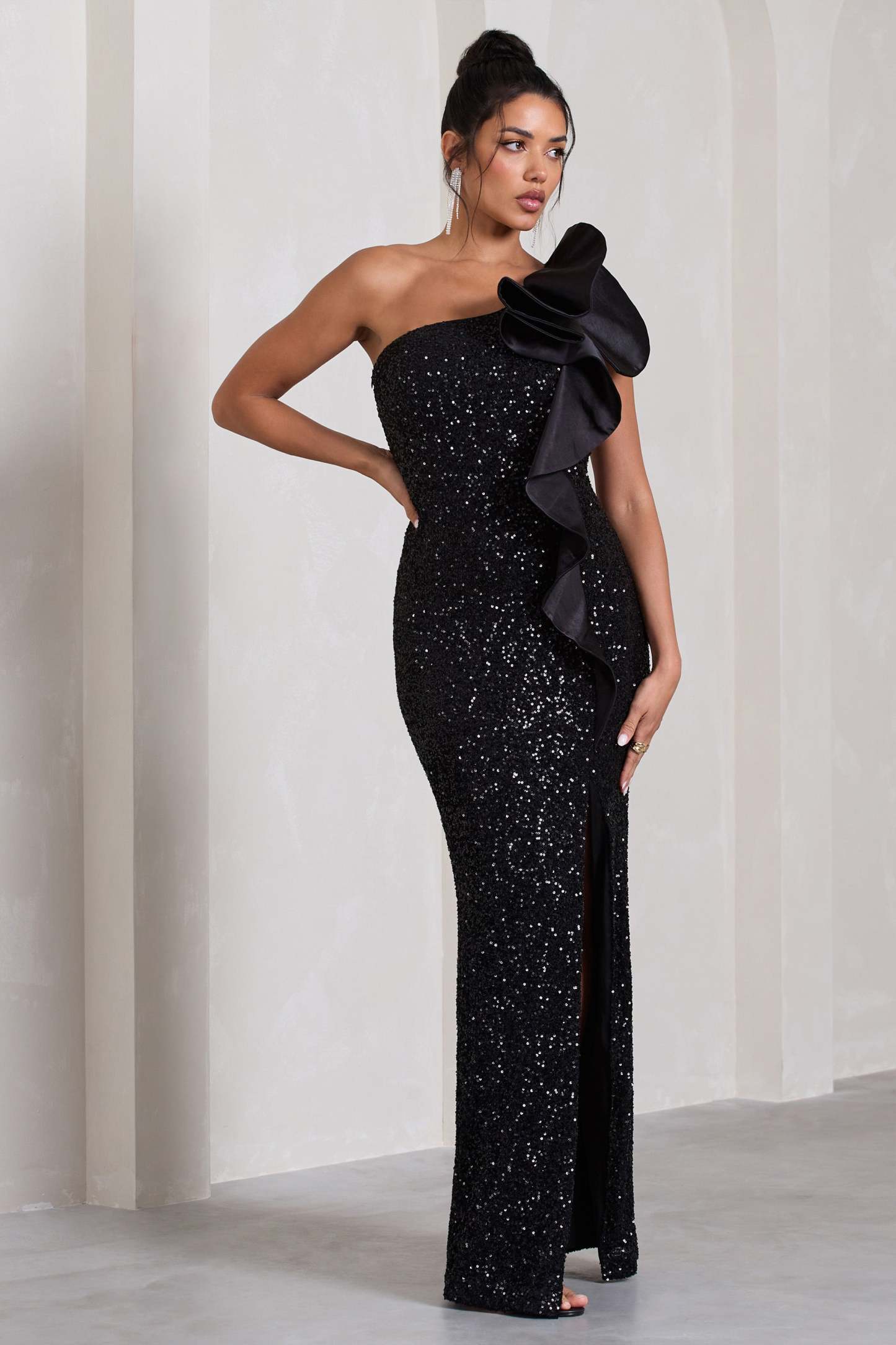 Award Black Sequin Asymmetric Cut-Out Split Maxi Dress With Ruffle Detail-Fashionmomo.All Rights Reserved